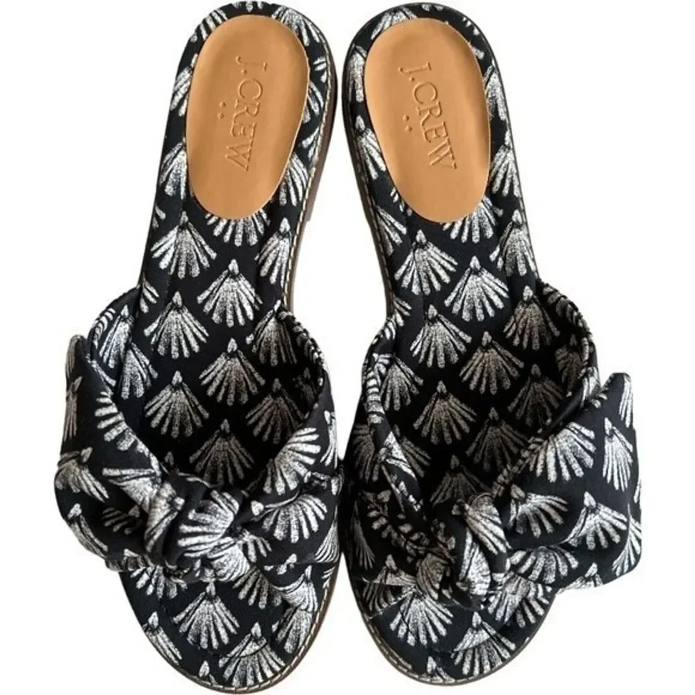 J.Crew Black Ivory Printed Knot Slide Sandals, US6.5